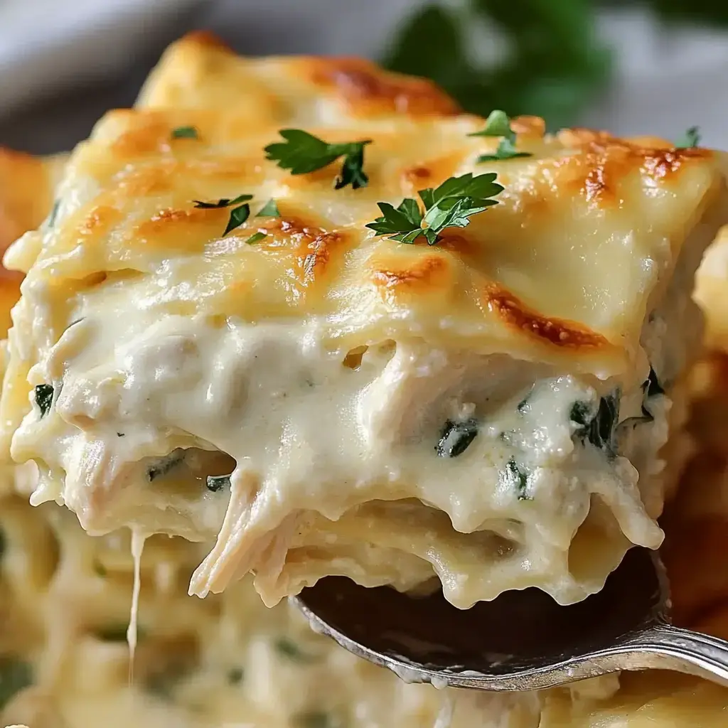 A spoon lifting a cheesy, creamy lasagna slice topped with parsley.