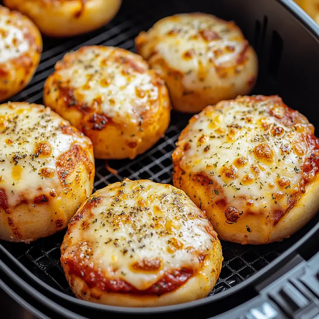 A close-up of crispy, golden mini pizza bites resting in an air fryer basket with gooey cheese oozing out.