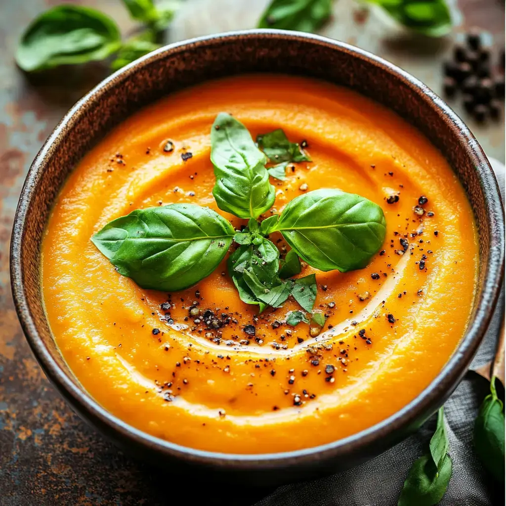 Bright orange soup in a bowl with fresh basil and cracked black pepper.