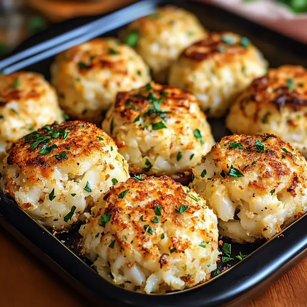 Golden, crispy crab balls garnished with parsley on a black plate.
