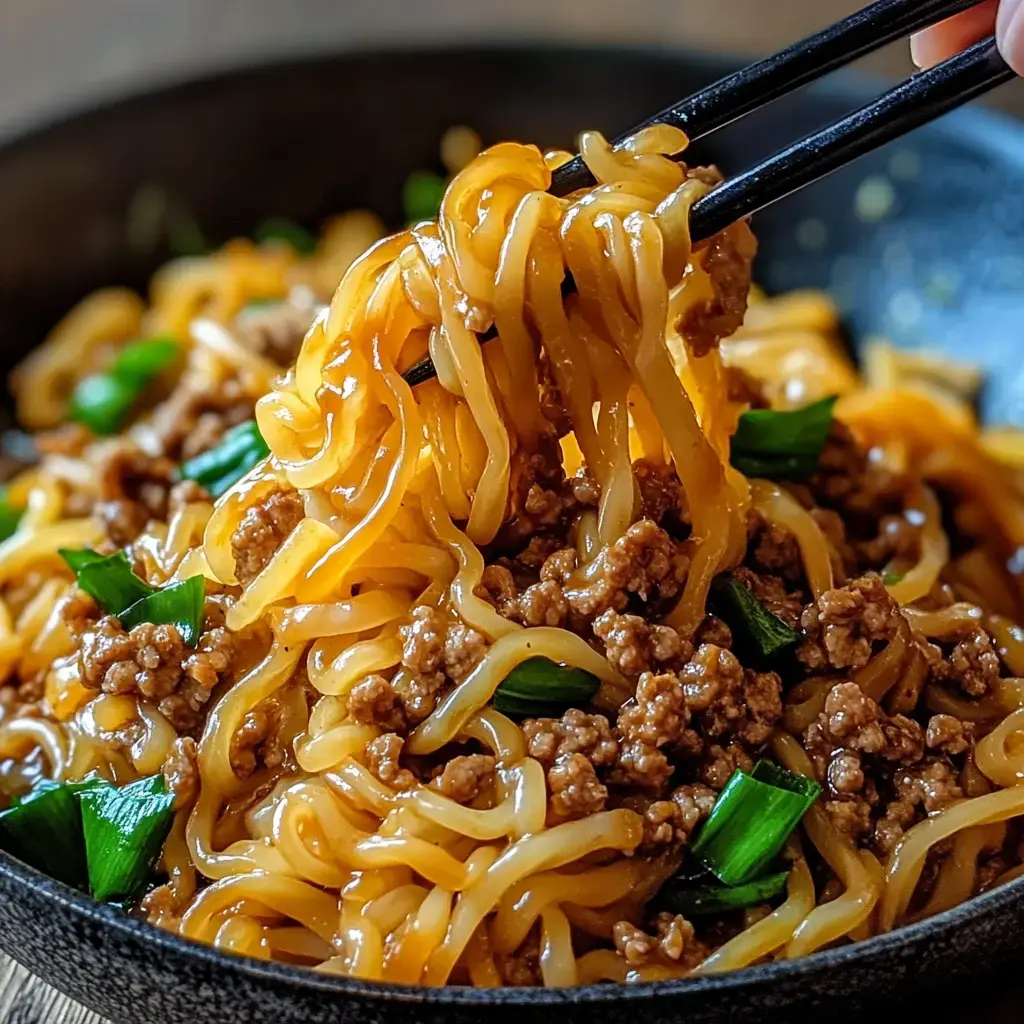 A close-up shot of noodles mixed with beef and green onions, with chopsticks picking up a bite.