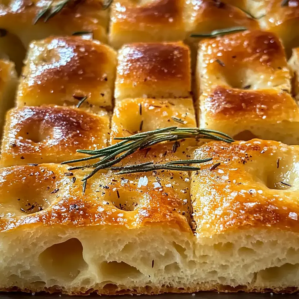 A close-up image of golden-brown focaccia bread, topped with rosemary and sea salt, showing its soft, airy interior.