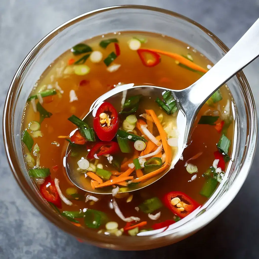 A small bowl of tangy sauce topped with red chilies, green onion, and carrots, next to a spoon.