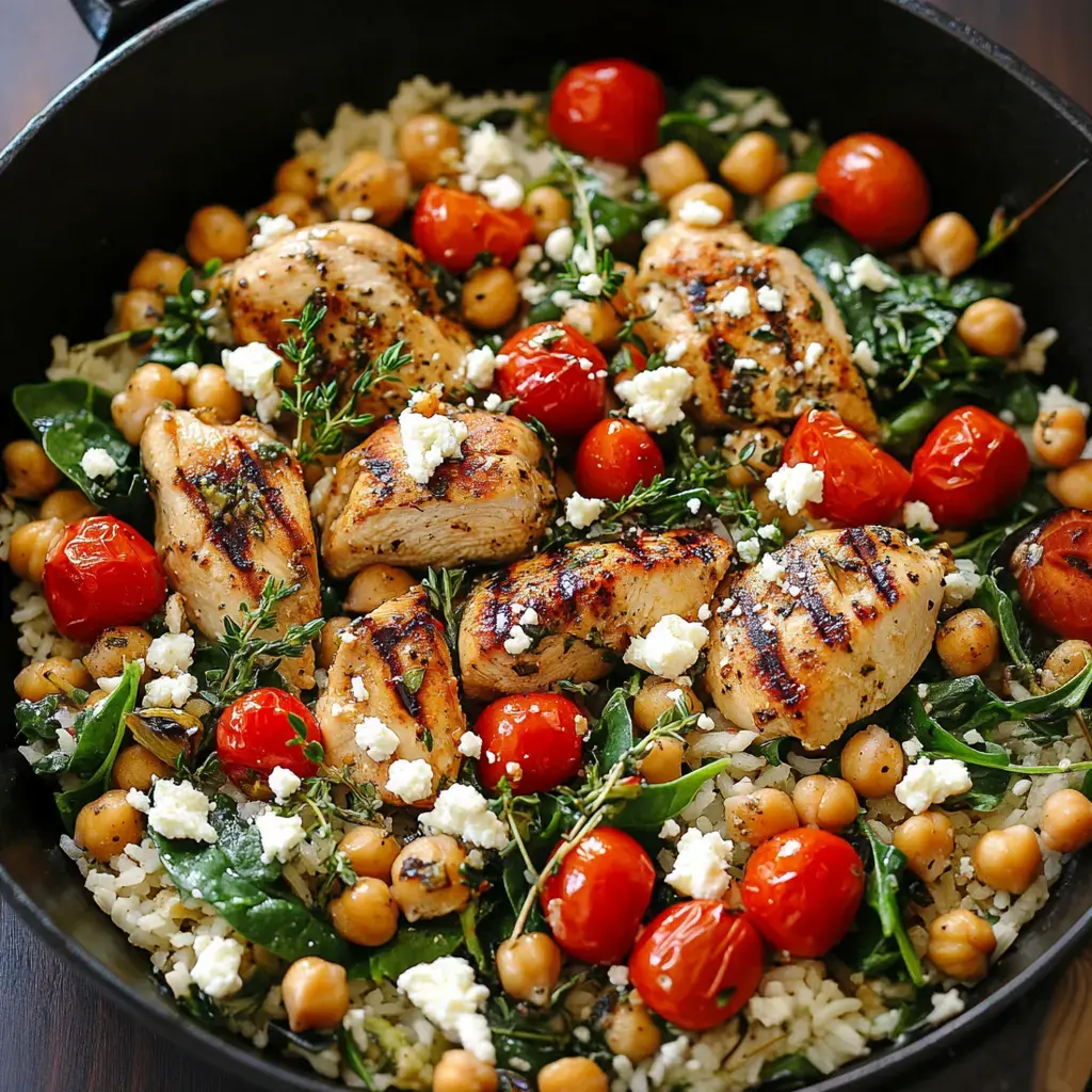 A bowl of lemony rice topped with juicy chicken, fresh spinach, cherry tomatoes, chickpeas, and crumbled feta, finished with thyme sprigs.