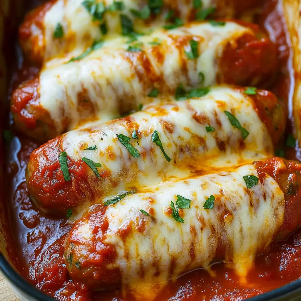 Close-up of cheesy sausages in herbed marinara sauce, bubbling and golden.