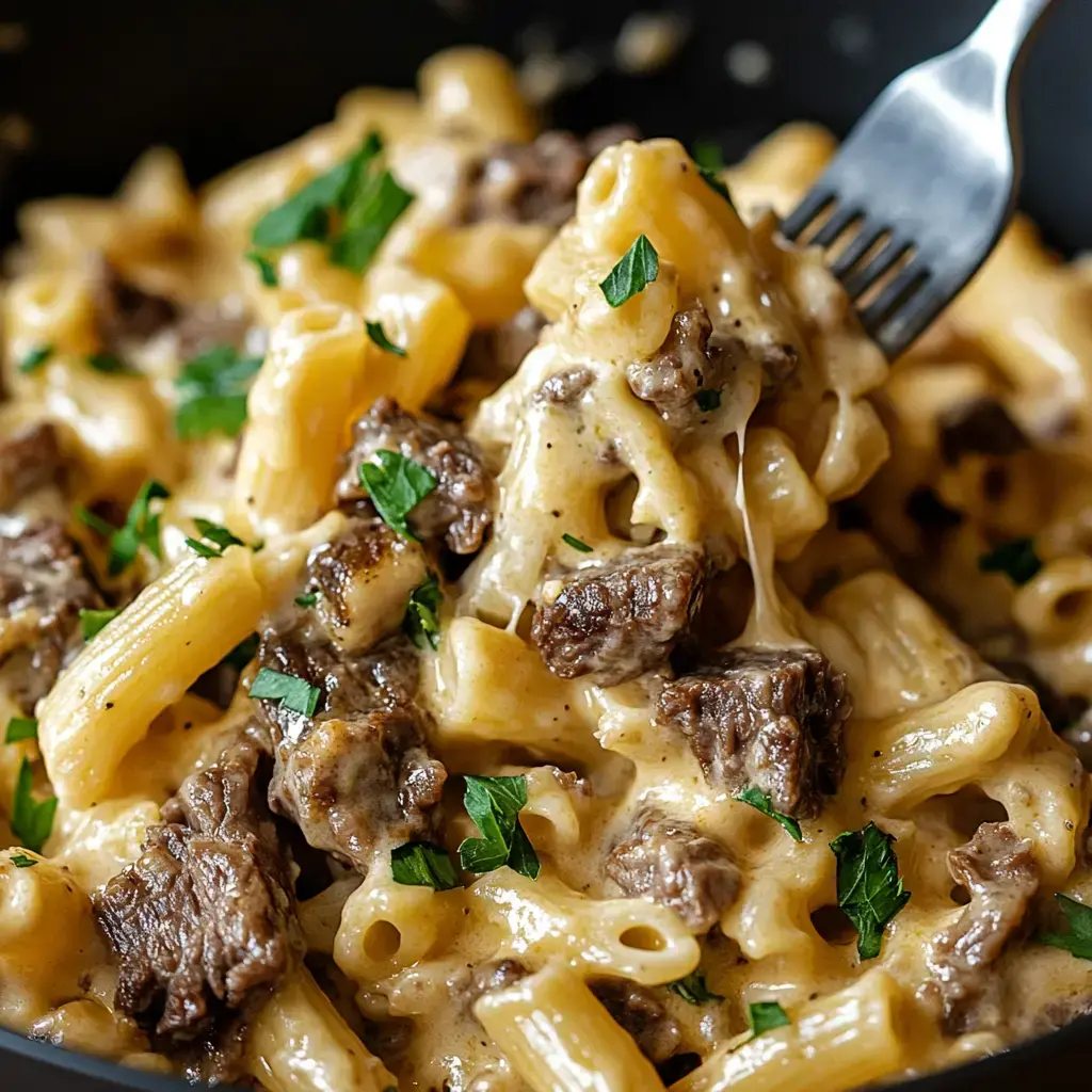 Close-up shot of pasta with creamy sauce, juicy beef pieces, and parsley topping.