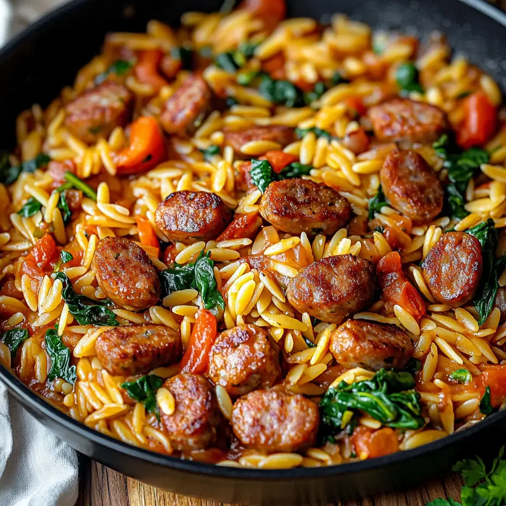 Close-up of a skillet with saucy orzo pasta, sausage chunks, peppers, and spinach.