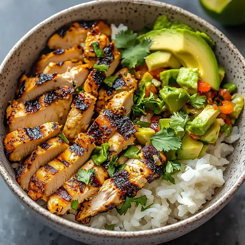 A bowl of white rice topped with grilled chicken slices, avocado, diced vegetables, and fresh cilantro.