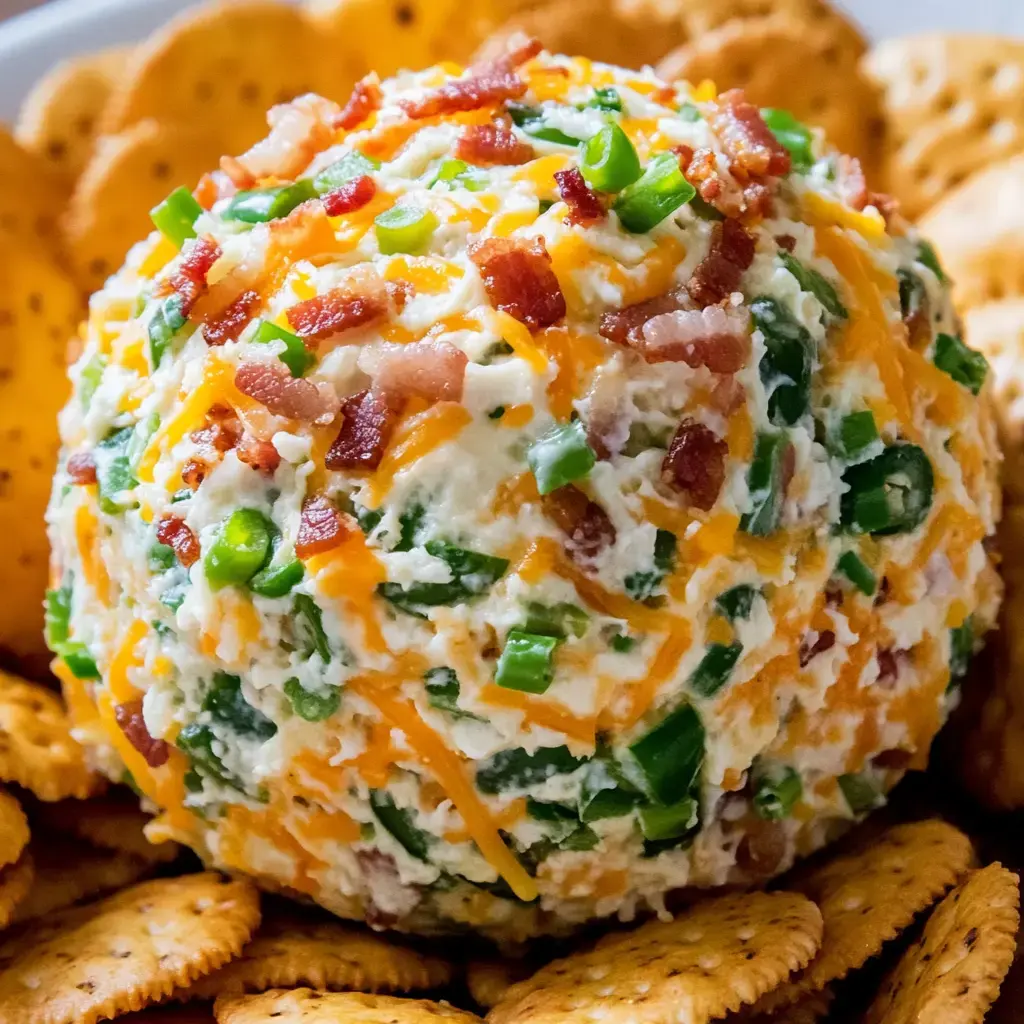 A serving tray with a cheese ball covered in bacon, shredded cheese, and green onions, surrounded by crackers.