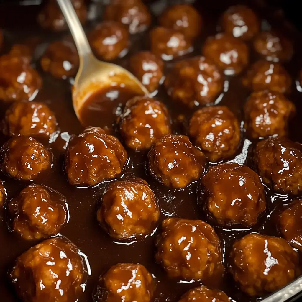 A close-up of meatballs coated in a thick, glossy barbecue sauce in a serving dish.