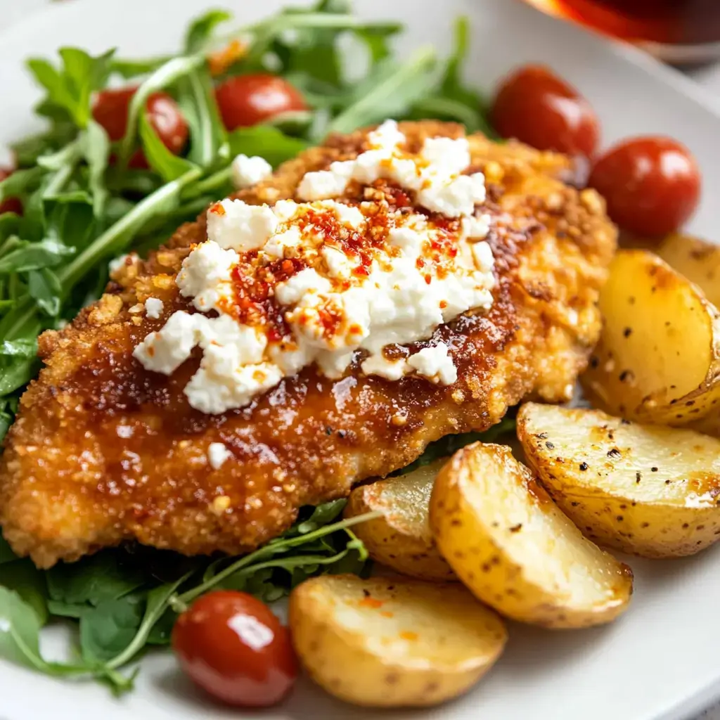 Breaded chicken breast with crumbled feta and a honey drizzle. Served with a side of roasted potatoes and fresh greens topped with cherry tomatoes.