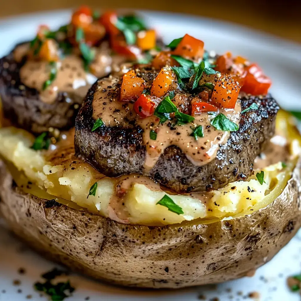 A golden baked potato loaded with creamy toppings, seasoned steak pieces, tomatoes, and fresh parsley garnish.