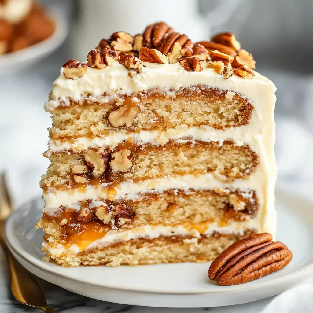 A slice of layered cake with cream frosting, pecans, and a layer of orange filling, served on a plate.