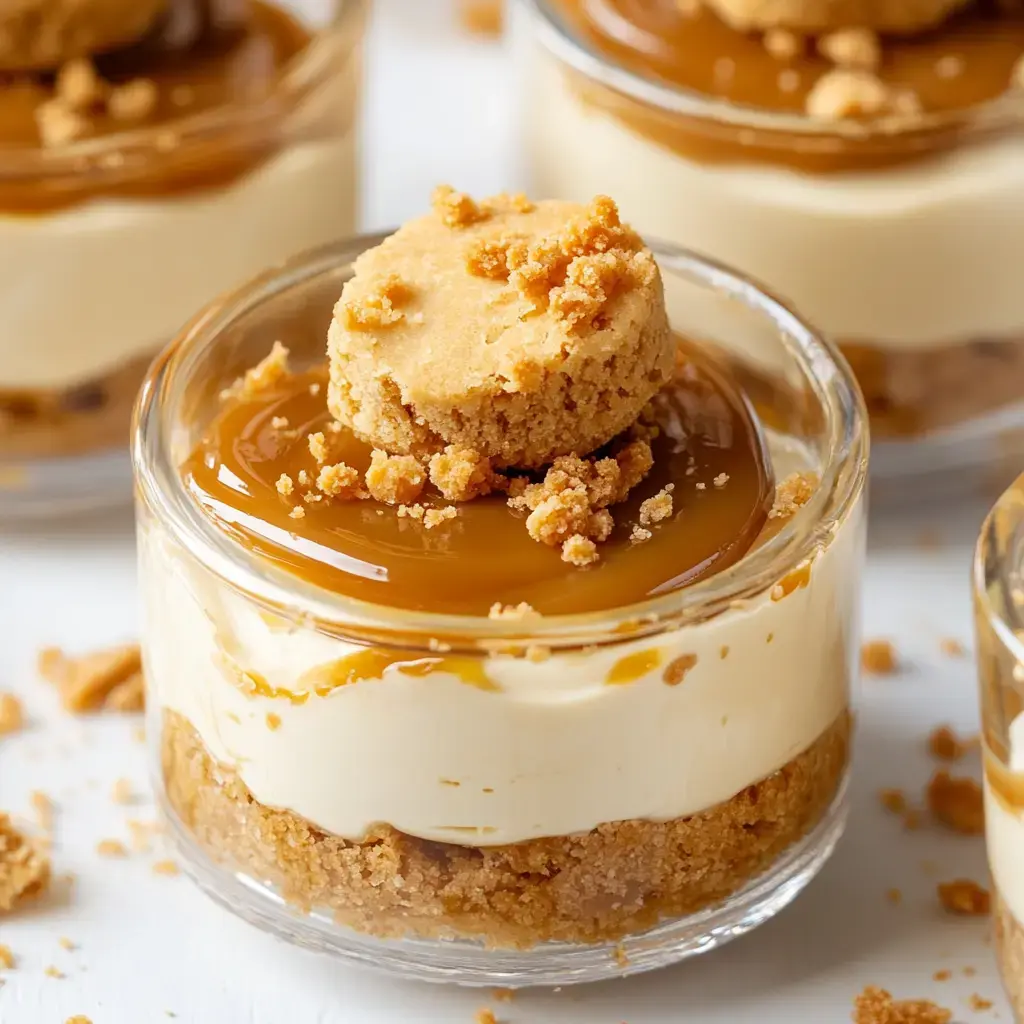 A close-up of a layered dessert in a glass jar, featuring a creamy filling, caramel sauce, and topped with crumbled cookies.