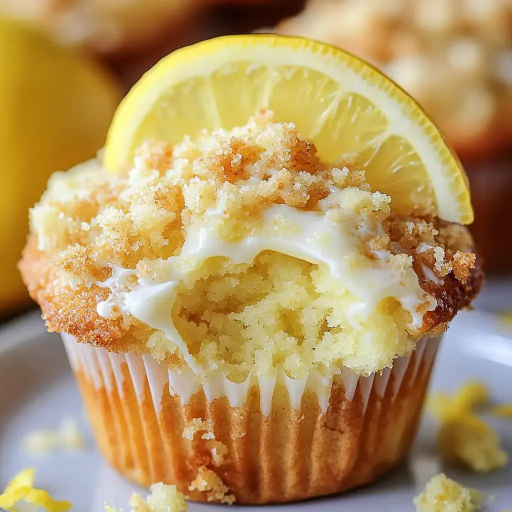 A plate holding a moist lemon muffin with creamy filling and a lemon garnish on top.