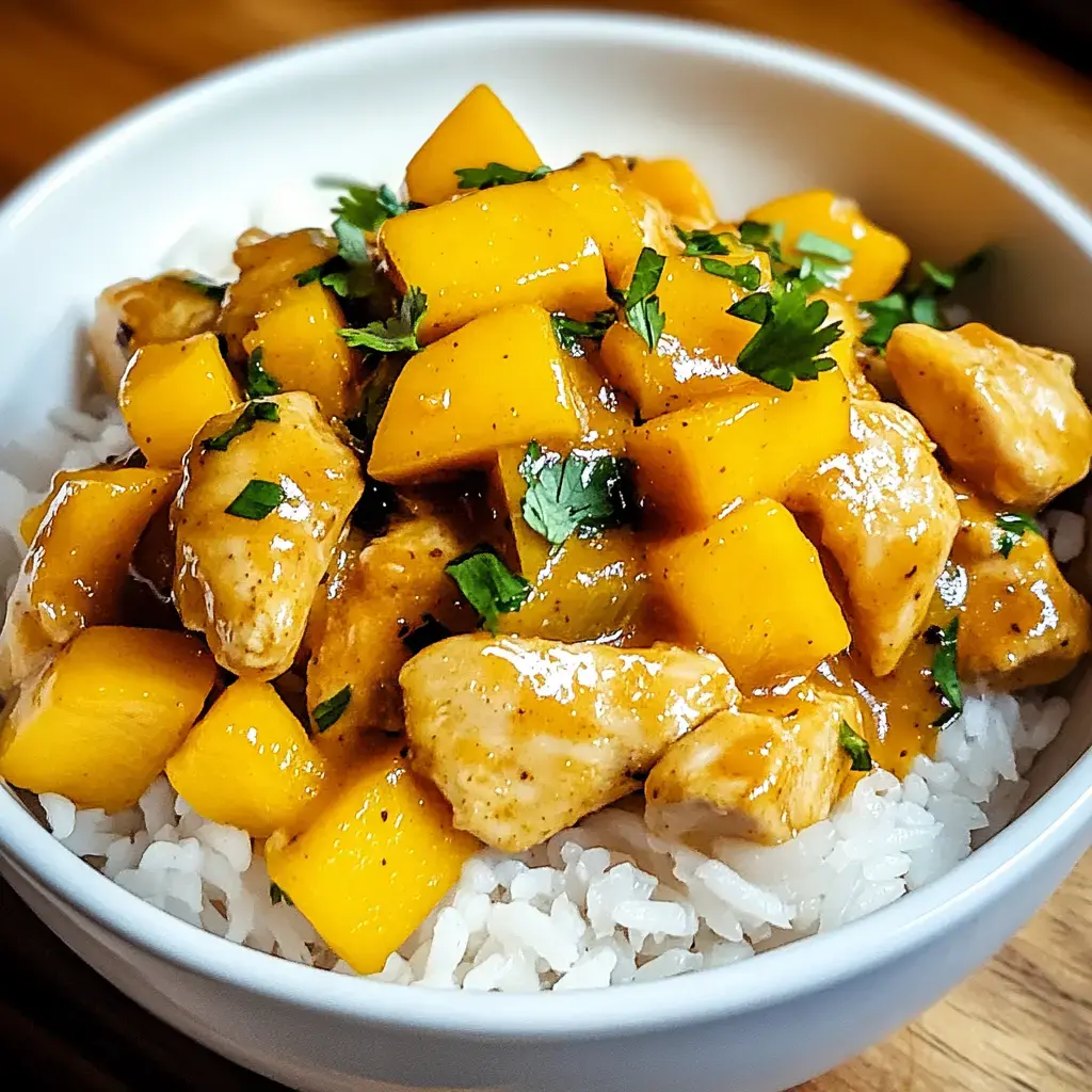 Steaming bowl of white rice with chunks of chicken, mango, and herbs in a creamy curry sauce.