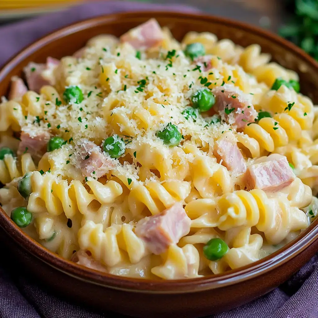 Close-up of creamy pasta with diced ham and peas, topped with cheese and parsley.
