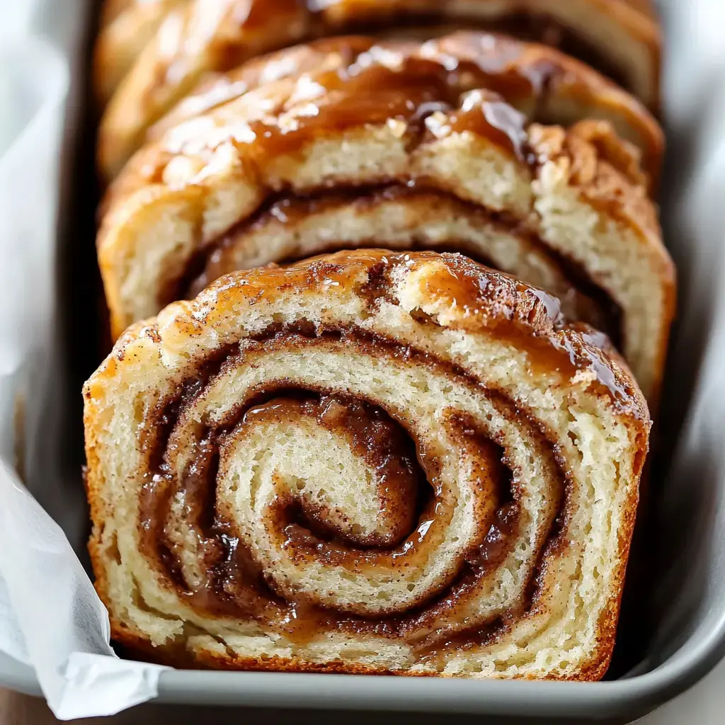 A zoomed-in shot of cut cinnamon roll bread, displaying its curled patterns and sweet topping.