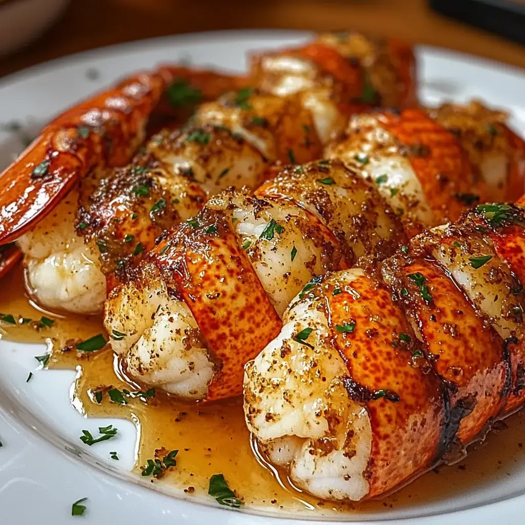 A close-up view of succulent lobster tails, garnished with herbs and served in a buttery sauce on a white plate.
