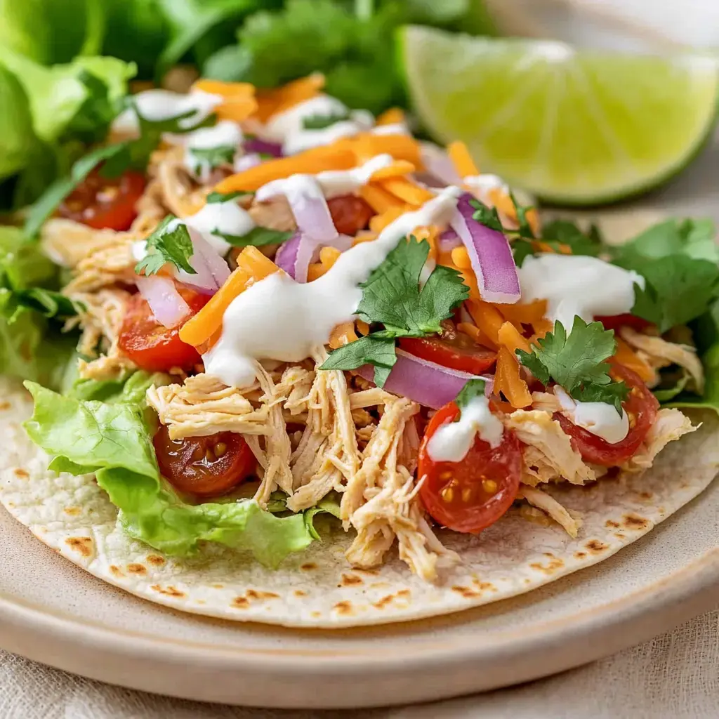 Close-up of a tortilla filled with shredded chicken, lettuce, cheese, cherry tomatoes, red onion, cilantro, and sauce, served with a wedge of lime.