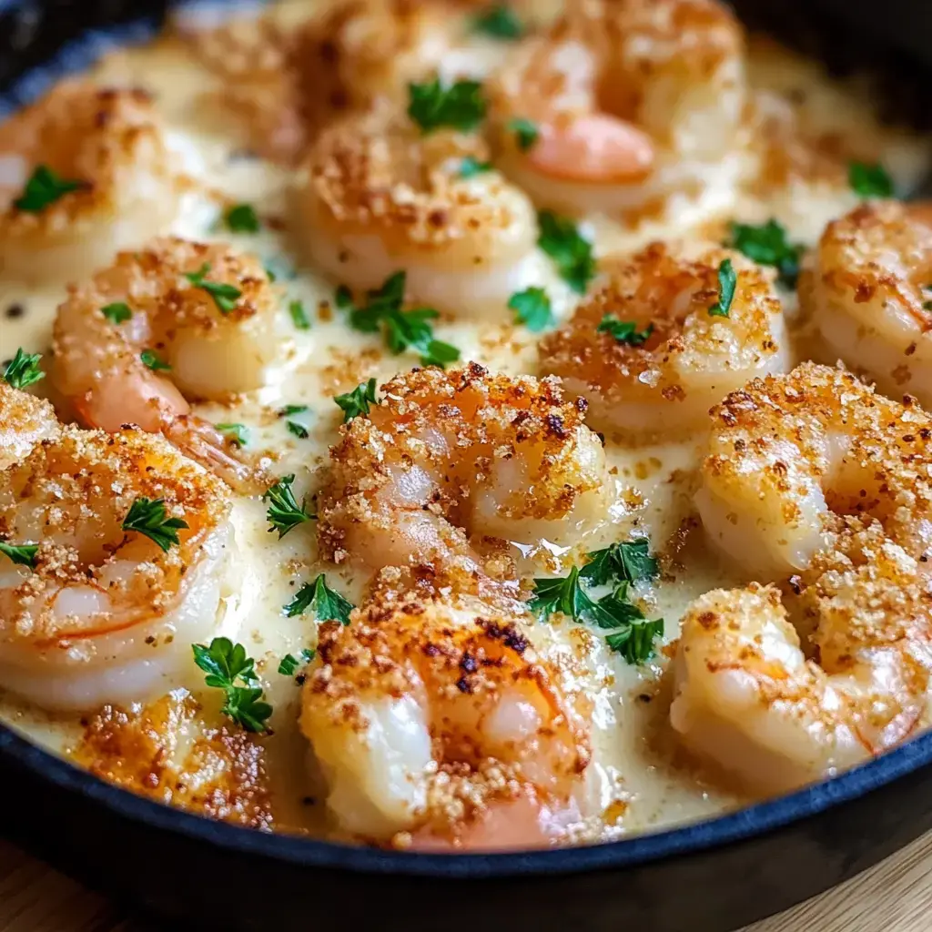 A close-up view of cooked shrimp topped with breadcrumbs and garnished with parsley in a skillet.