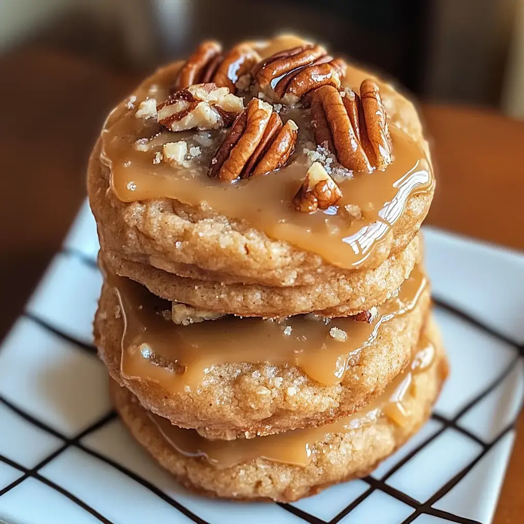 Three stacked cookies topped with caramel and pecans on a square plate.