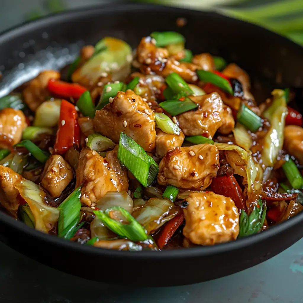 Close-up of stir-fried chicken with veggies, sprinkled with sesame seeds and green onions in a dark-colored bowl.
