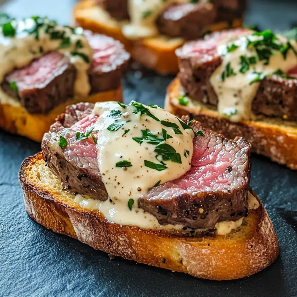 Sliced pieces of cooked beef topped with a creamy sauce and herbs, served on toasted bread.