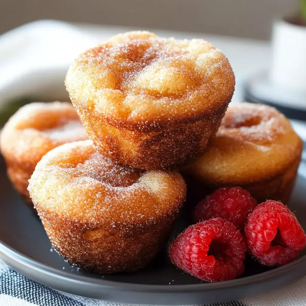 Golden muffins sprinkled with sugar on a plate next to fresh red raspberries.
