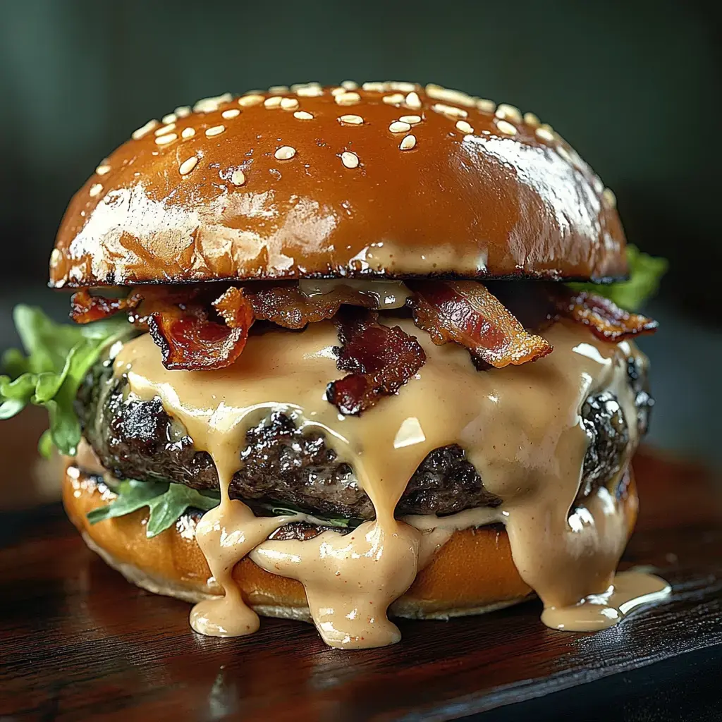 A stacked hamburger with melted cheese, crispy bacon, fresh lettuce, all topped by a sesame seed bun.