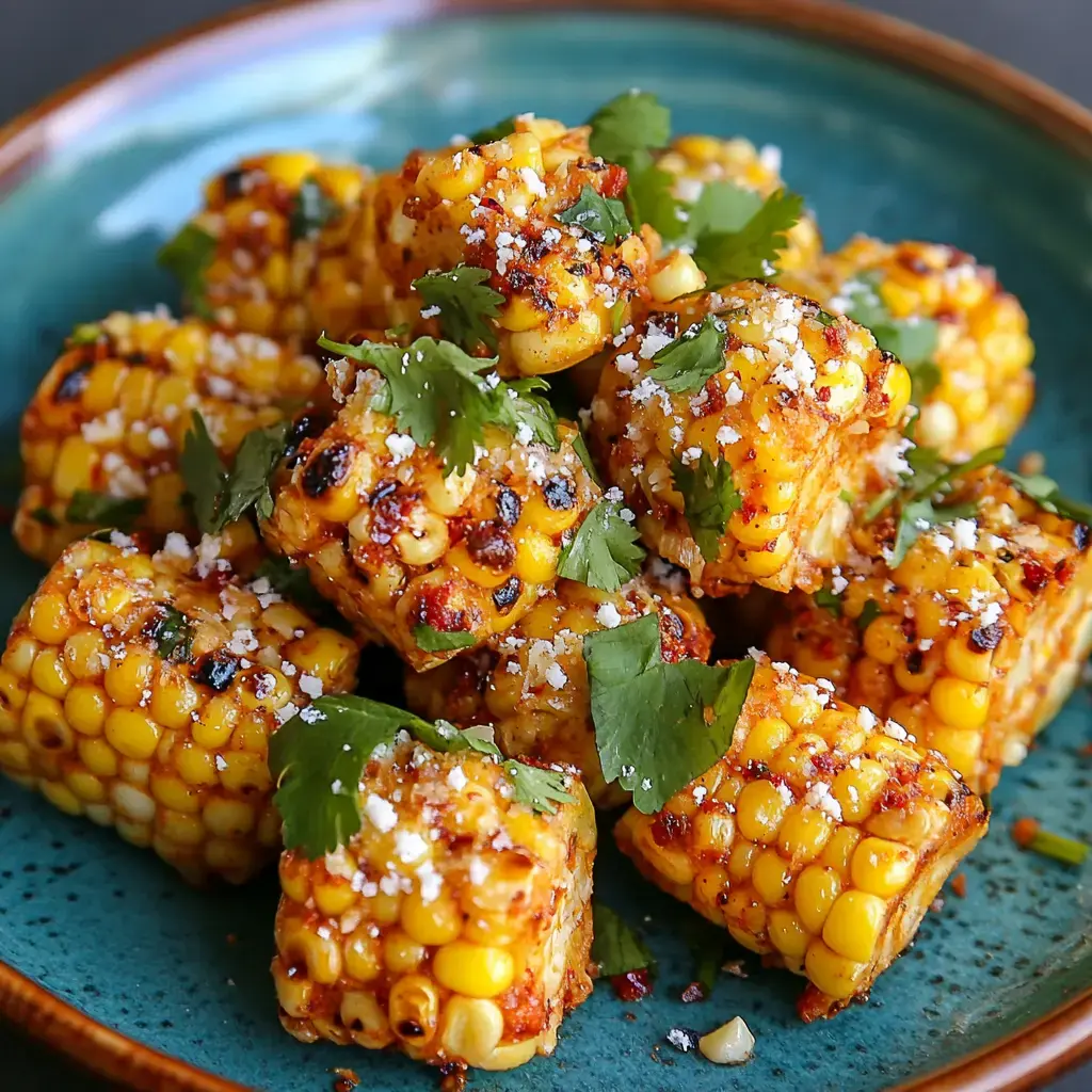 Golden, grilled corn rounds topped with melted cheese and vibrant green cilantro on a colorful plate.