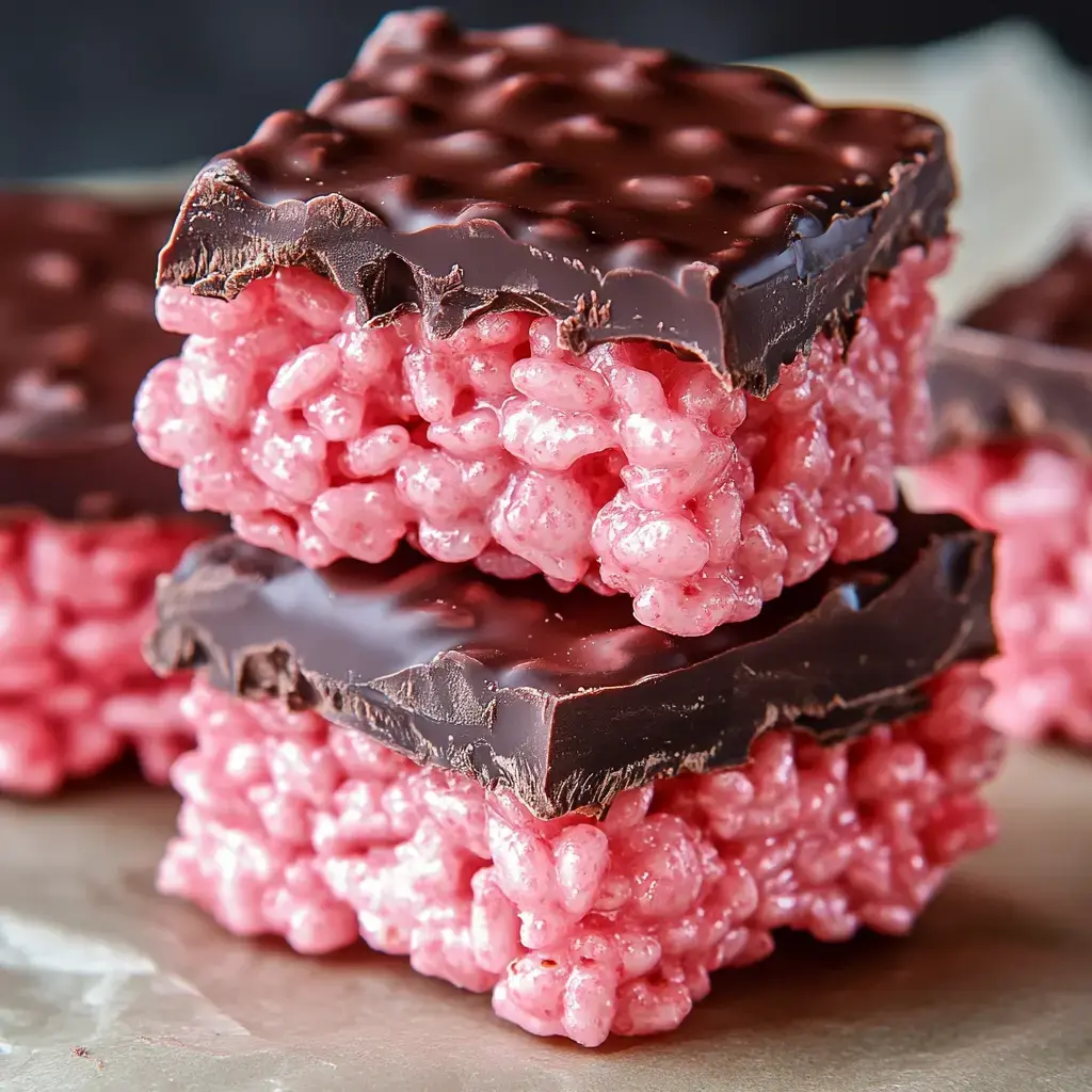 Stacked pink crispy treats with chocolate on top.
