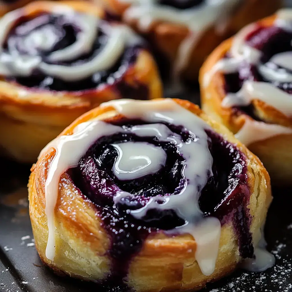 A close-up of freshly baked cinnamon rolls with a blueberry filling and drizzled with white icing.