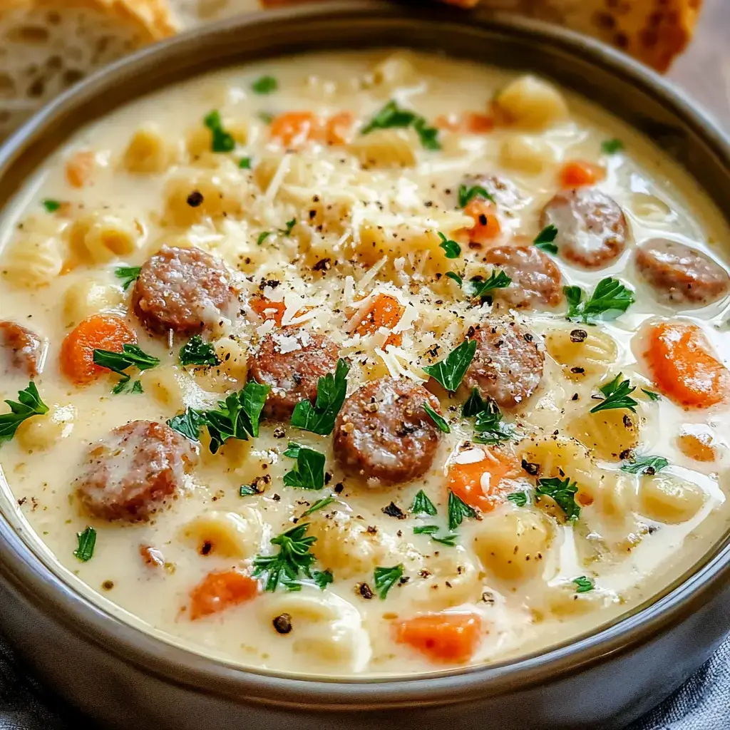 A bowl of creamy soup filled with sausage, carrots, pasta, and topped with parsley and grated cheese.