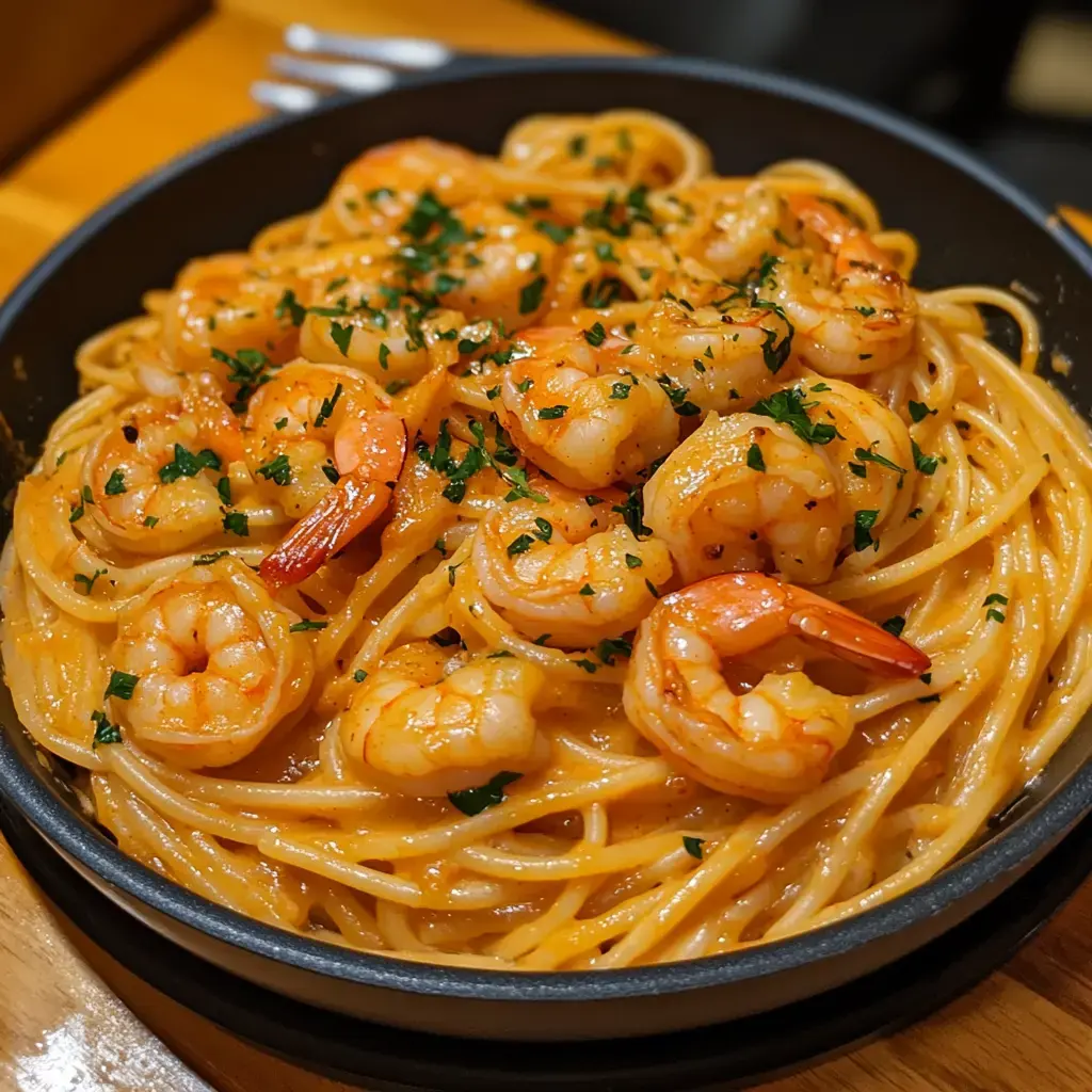 Close view of pasta piled with juicy shrimp and a touch of parsley.