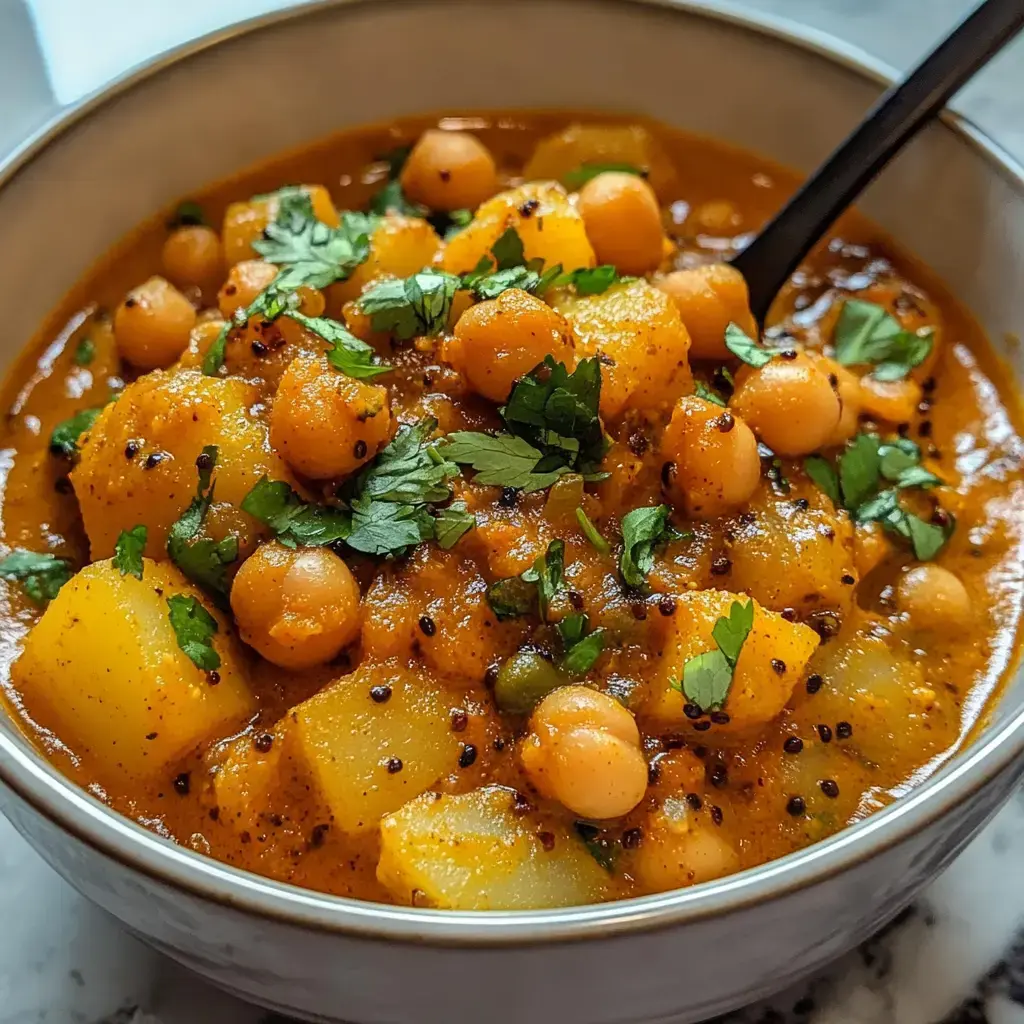 Close-up of a bowl filled with a creamy potato and chickpea curry garnished with cilantro.