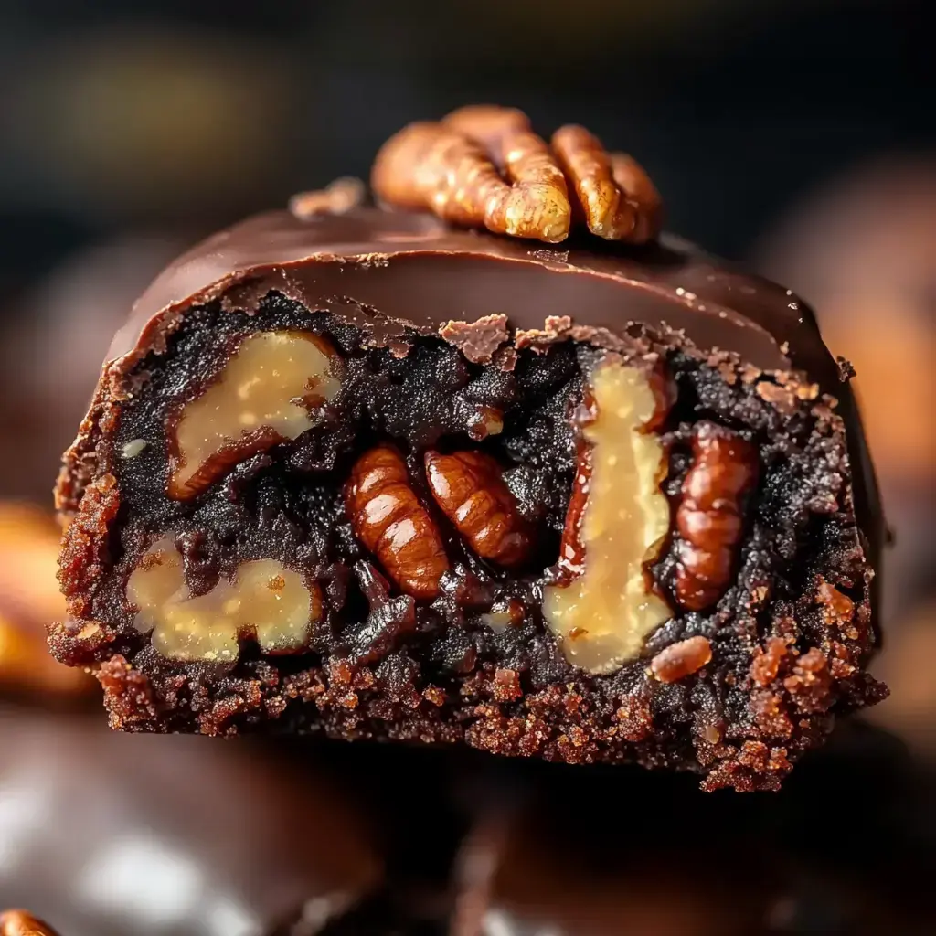 A close-up shot of a nutty, chocolatey dessert with a creamy center, perfect for indulgence.