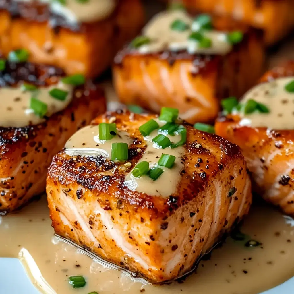 A close-up of perfectly cooked salmon fillets topped with a creamy sauce and garnished with chopped green onions.