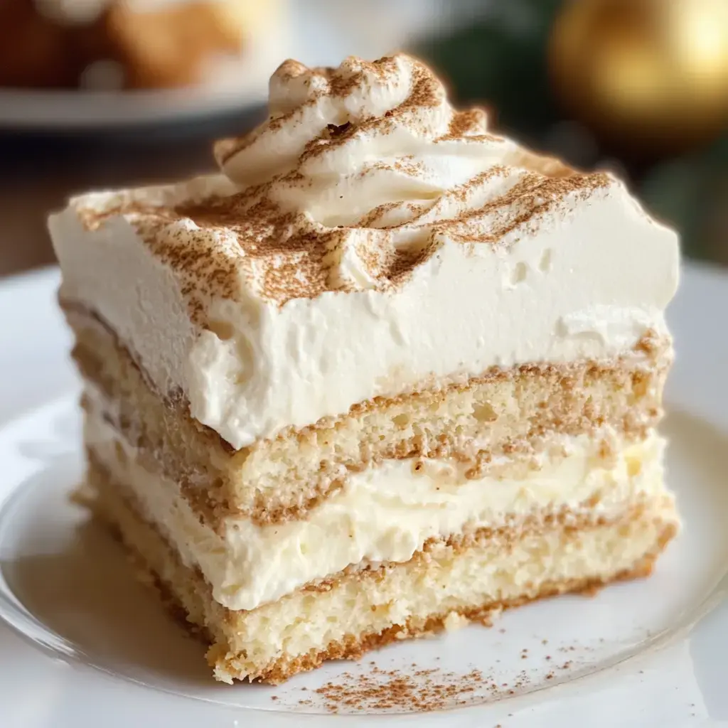 A slice of creamy dessert layered with ladyfingers and cocoa on a white plate.