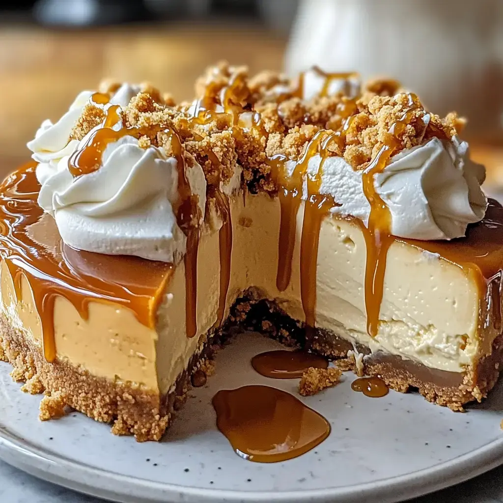 A sliced cheesecake topped with whipped cream, caramel drizzle, and cookie crumbs on a plate.