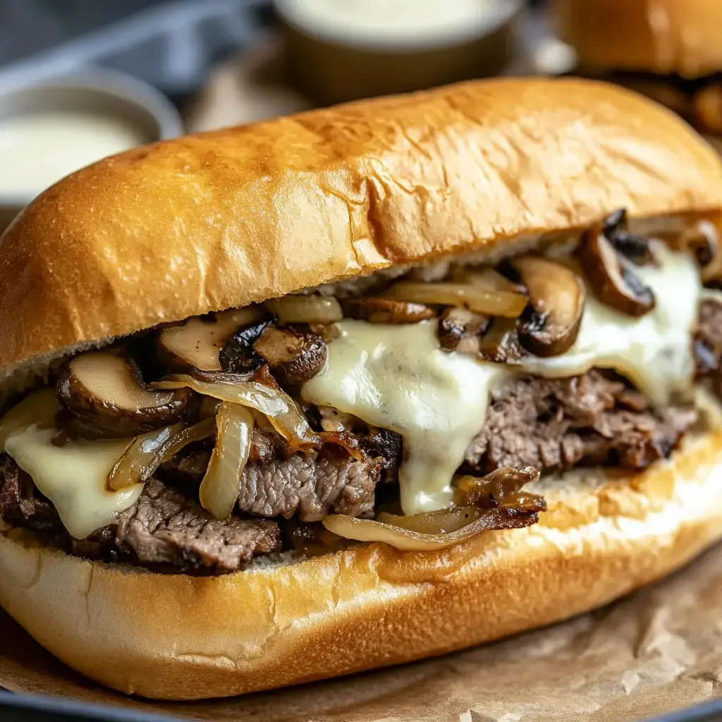 A mouthwatering sandwich with sliced steak, mushrooms, onions, and melty cheese on a soft roll.