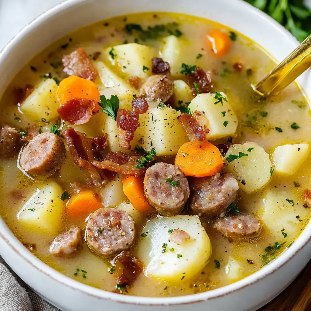 A comforting soup bowl filled with sausage, potatoes, carrots, and bacon, topped with parsley.