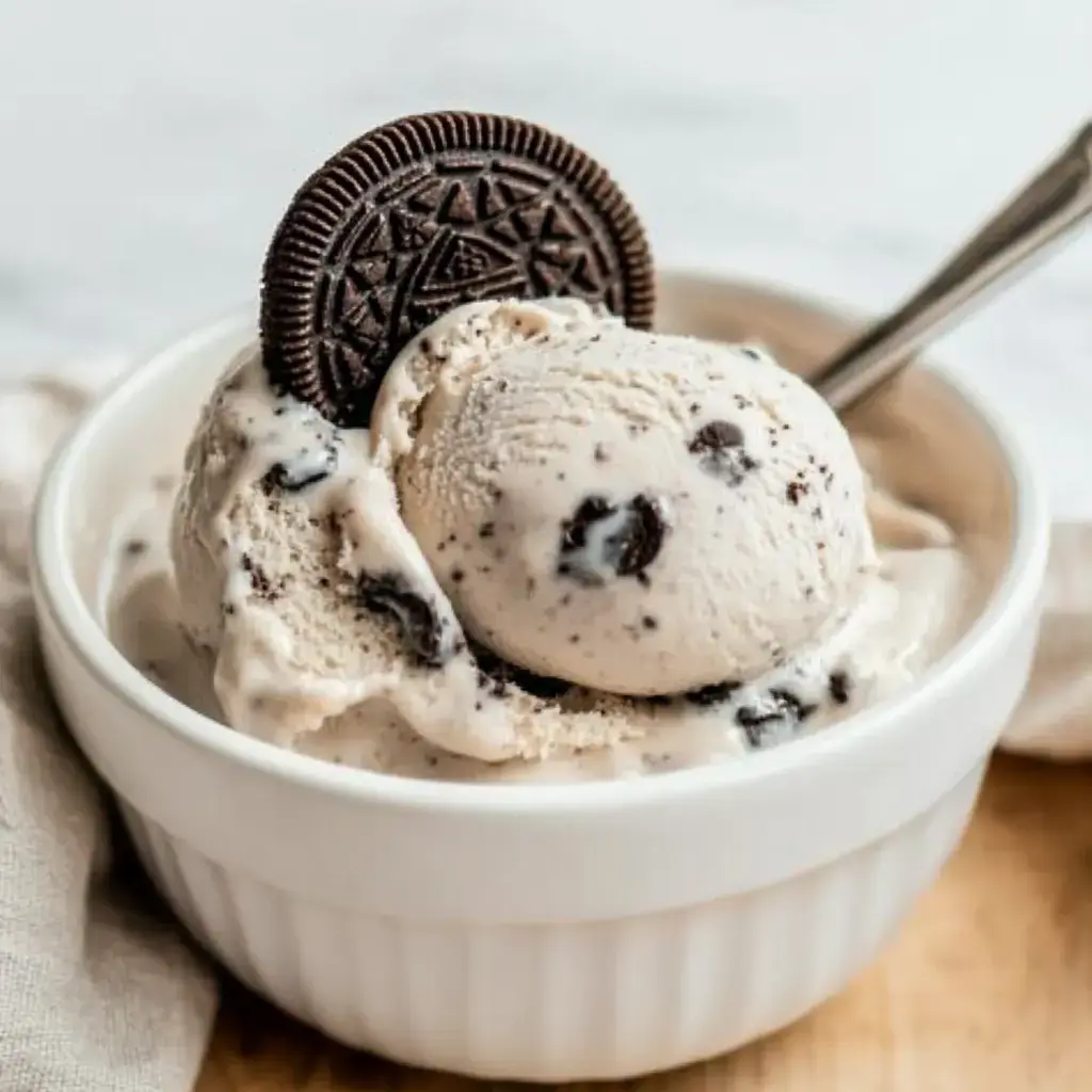 A bowl of cookies and cream ice cream topped with an Oreo cookie and a spoon.