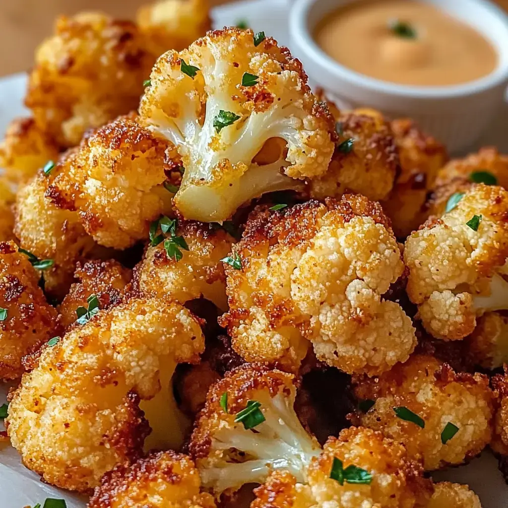 Close-up of crispy, golden cauliflower florets sprinkled with parsley, served with a dipping sauce.
