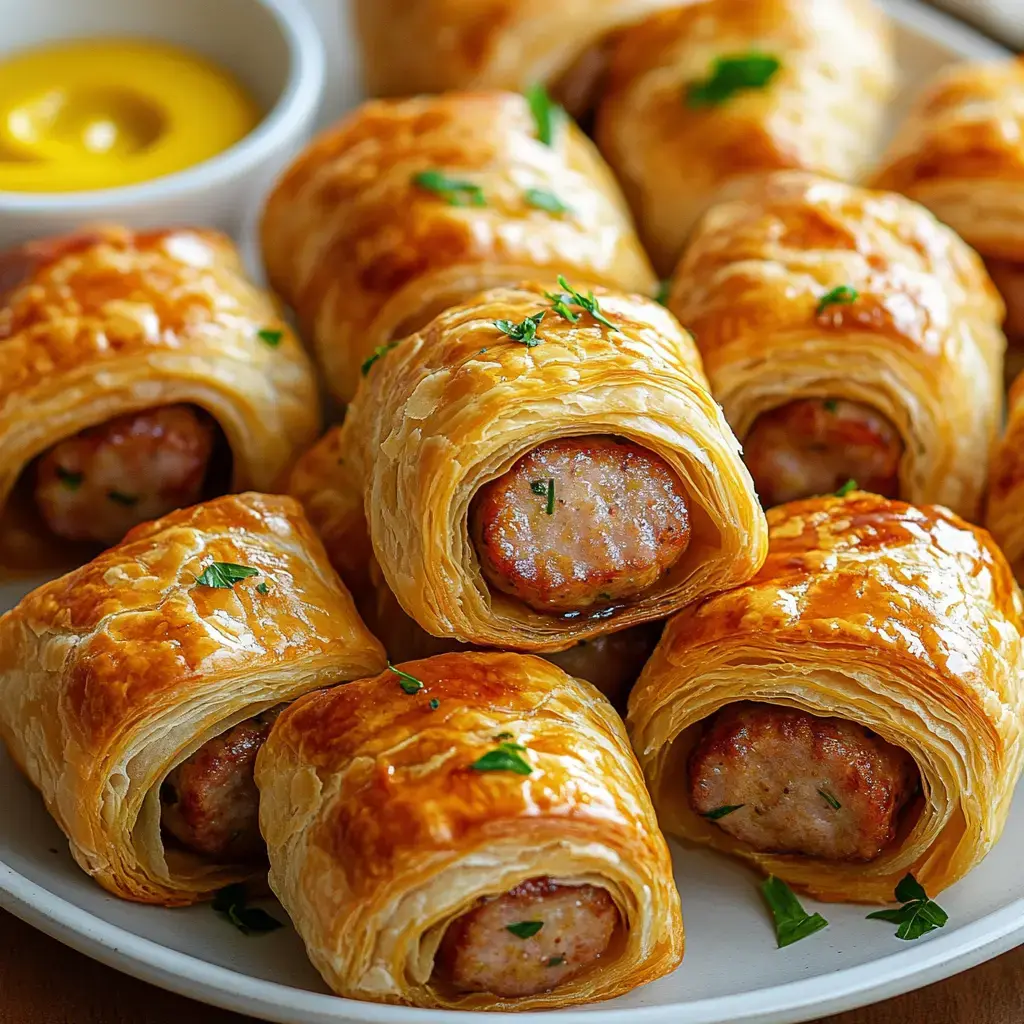 Golden sausage rolls on a plate with fresh parsley and a dip of mustard on the side.