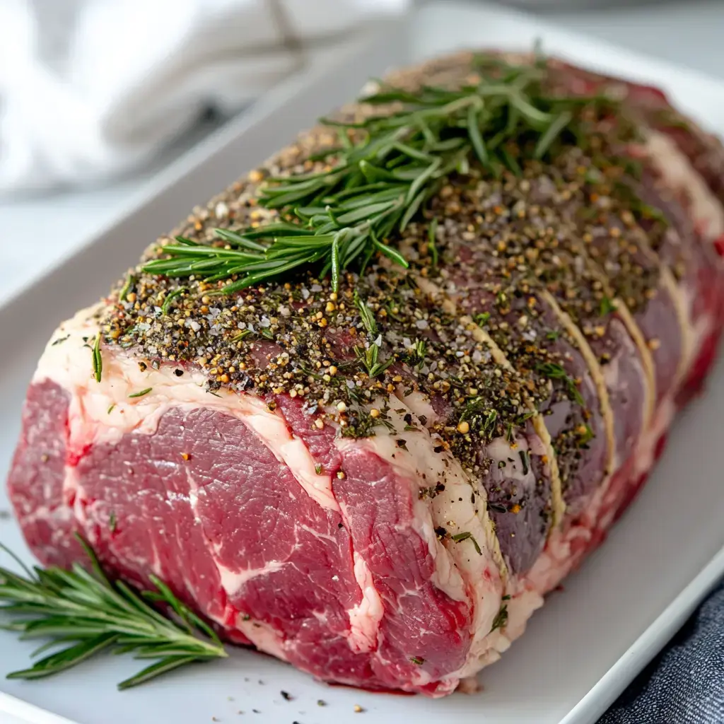 Beef roast covered in flavorful herbs, plated with a few sprigs of fresh rosemary.