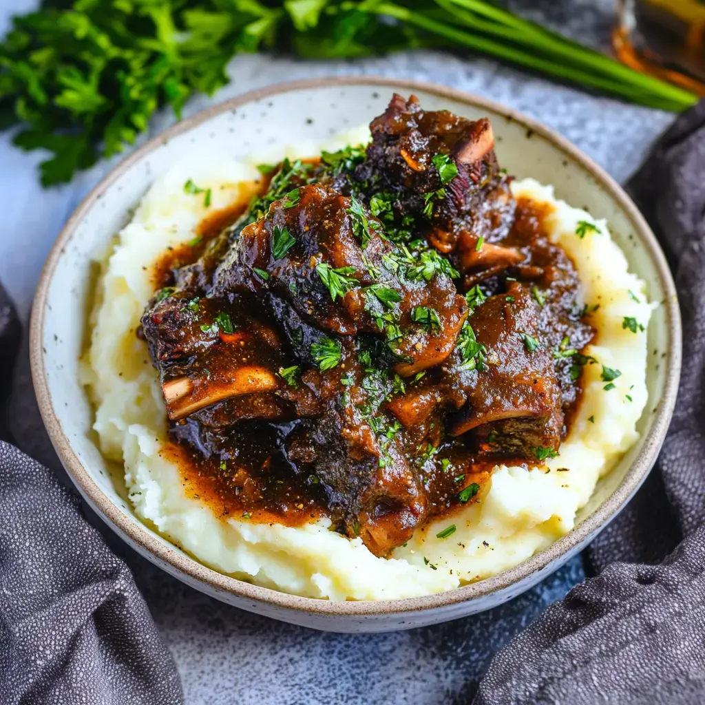 Tender braised meat over soft mashed potatoes, covered in a dark, rich sauce and topped with fresh parsley.