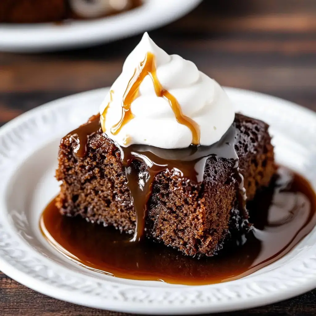 A serving of dark gingerbread cake with whipped cream and caramel drizzle on a fancy plate.