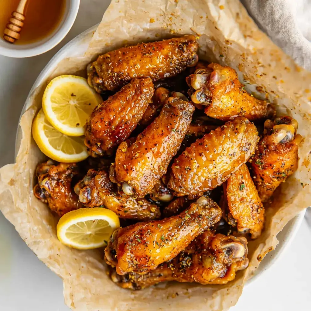 Glazed chicken wings in a bowl garnished with lemon slices and a small honey container on the side.