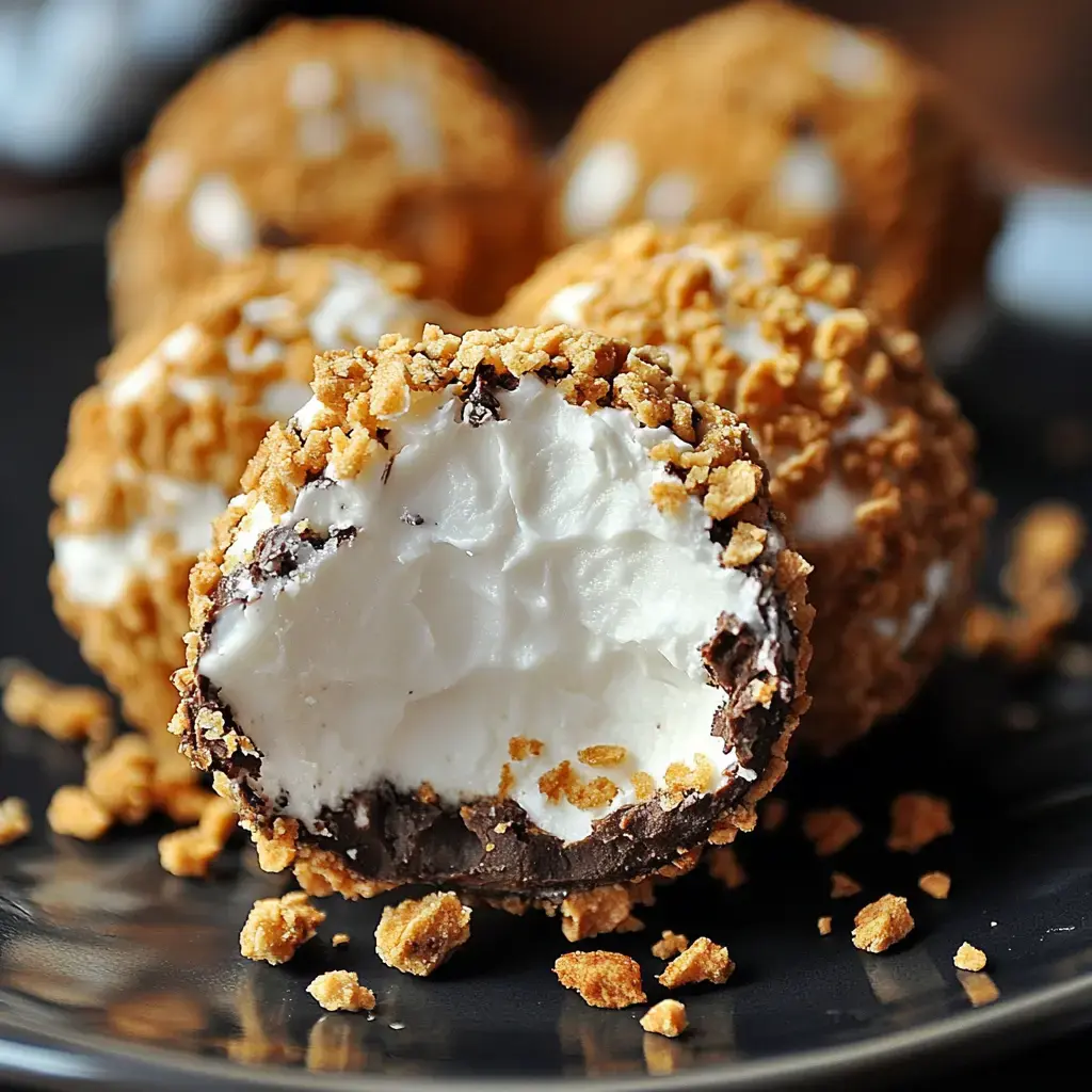 A black plate holding a chocolate-coated treat with fluffy white filling, surrounded by crumbled graham crackers.
